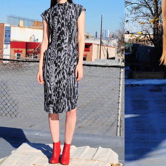 NWT COREY Grey Printed Silk Blend Slim Hi-Lo Dress Size 2 Made in USA MSRP $288 - Picture 2 of 14